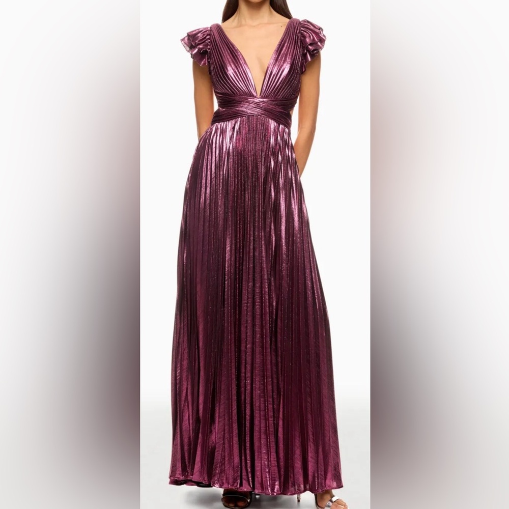 Ieena for Mac Duggal Metallic Plum Ruffle Sleeve Gown Dress Size 8